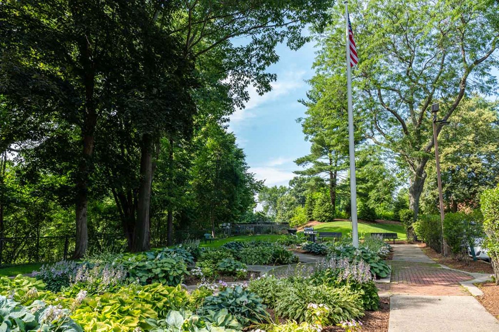 a garden with a flag on a pole and a sidewalk