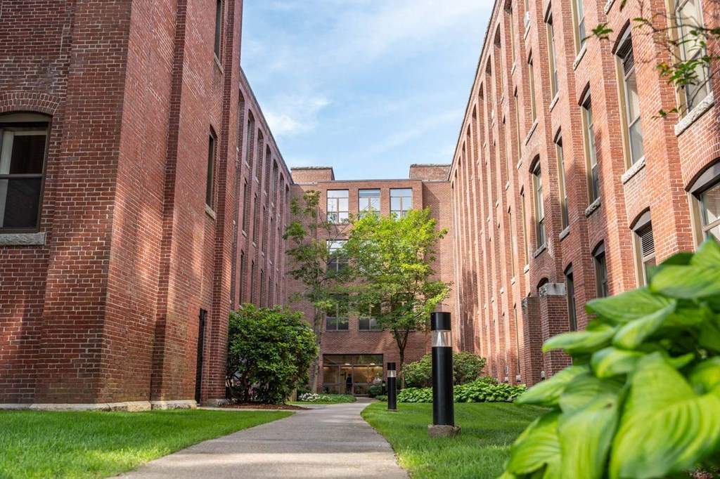 a walkway between two brick buildings with a tree in the middle