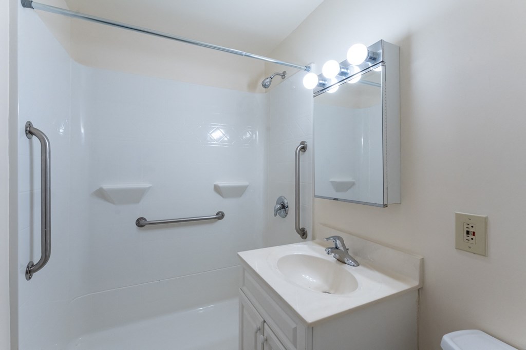a bathroom with a sink and a shower and a mirror