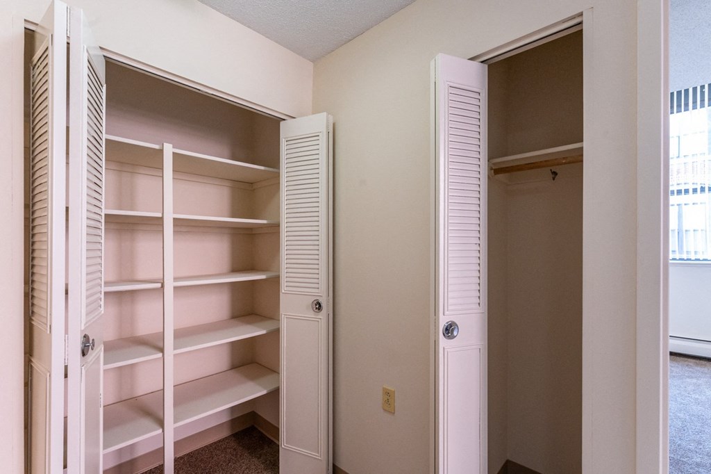 an image of a closet with shelves and a door