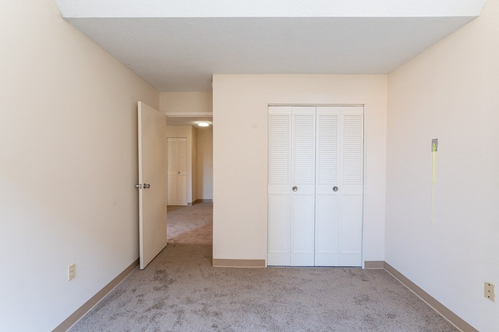 an empty living room and hallway with a closet