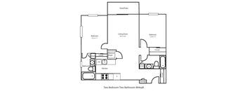 A black and white image of a two bedroom two bathroom house plan.