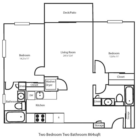 A black and white image of a two bedroom two bathroom house plan.