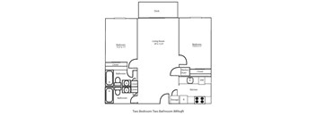 A floor plan of a two bedroom, two bathroom apartment.