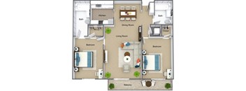A floor plan of a house with two bedrooms, a living room, a kitchen, a bathroom, a dining room, and a balcony.