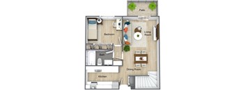 A floor plan of a house showing a bedroom, living room, dining room, kitchen, and bathroom.