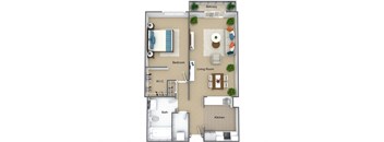 A floor plan of an apartment with a living room, kitchen, bathroom, and bedroom.