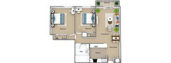 A floor plan of an apartment with two bedrooms, a living room, a dining area, a kitchen, and a bathroom.