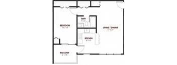 A floor plan of a small apartment with a bedroom, kitchen, living/dining area, and balcony.