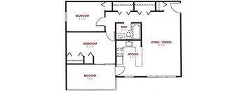 A floor plan of a home with a living room, dining room, kitchen, two bedrooms, and a balcony.