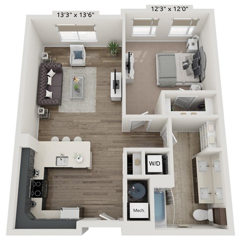 A floor plan of a small apartment with a living room, kitchen, and bathroom.