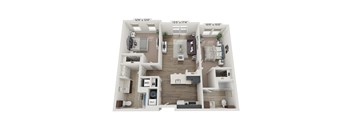 A floor plan of a two-bedroom apartment with a living room, kitchen, and bathroom.