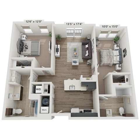A floor plan of a two-bedroom apartment with a living room, kitchen, and bathroom.