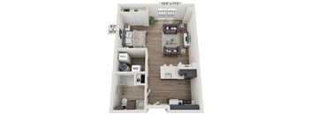 A 13x17 floor plan of a living space with a kitchen area.