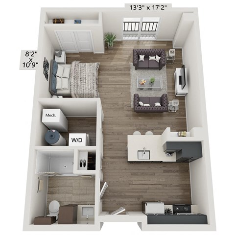 A 13x17 floor plan of a living space with a kitchen area.