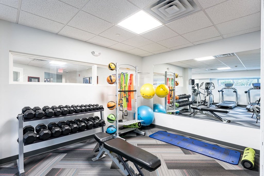 Fitness center with yoga equipment and dumbbells