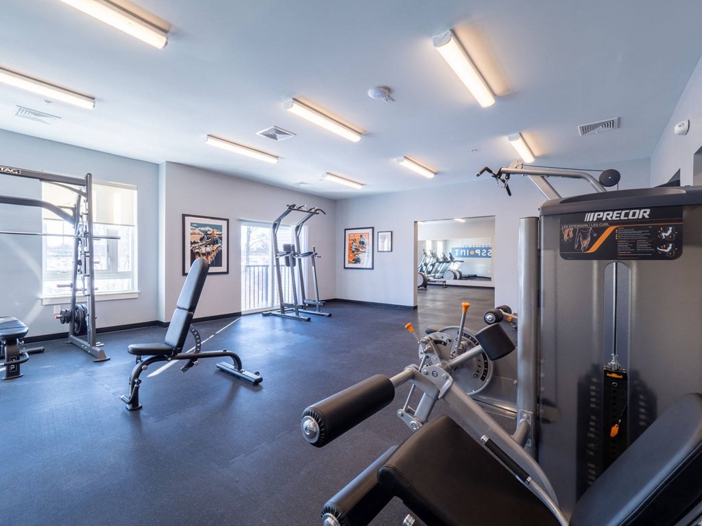 A gym with a variety of equipment including a leg press machine.