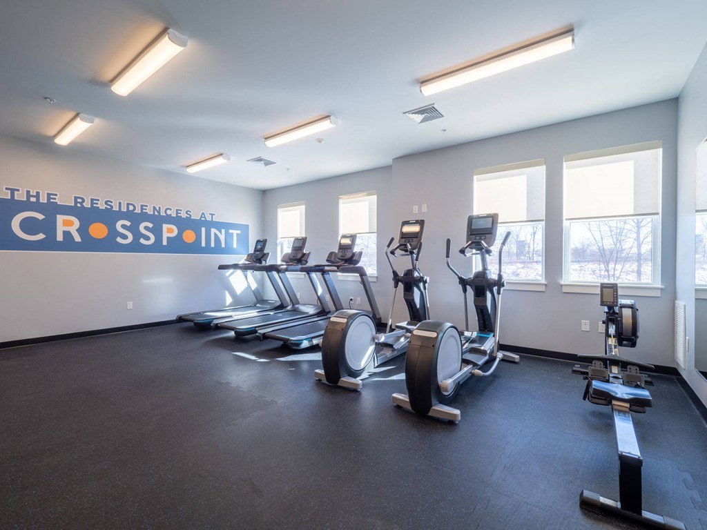 A cardio area in the fitness center equipped with treadmills and rowing machines.
