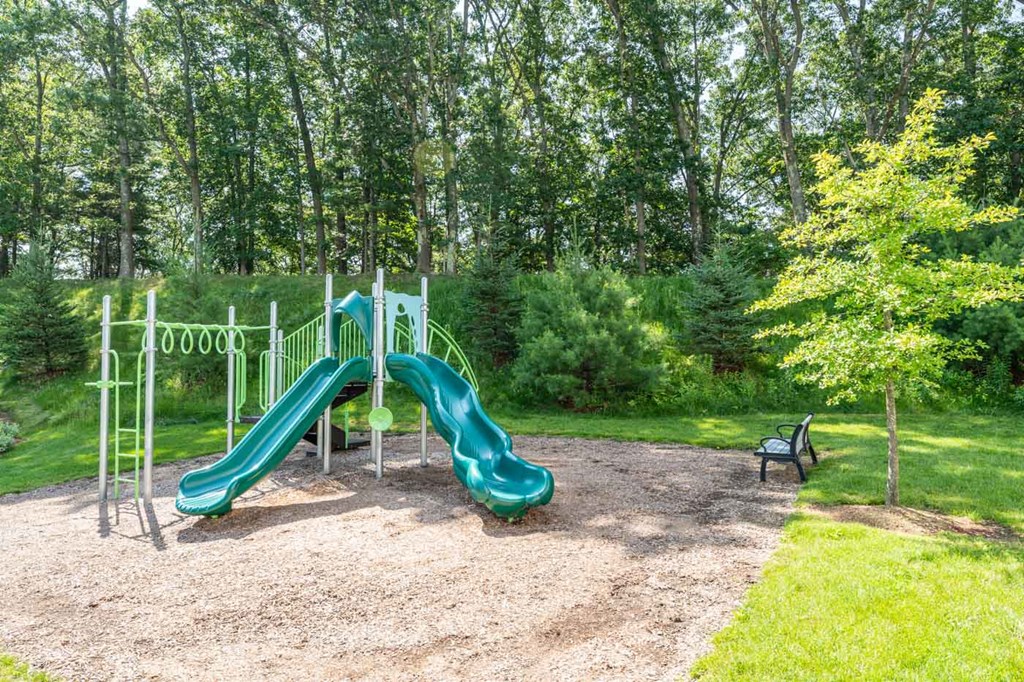 a playground with a slide and a bench in a park