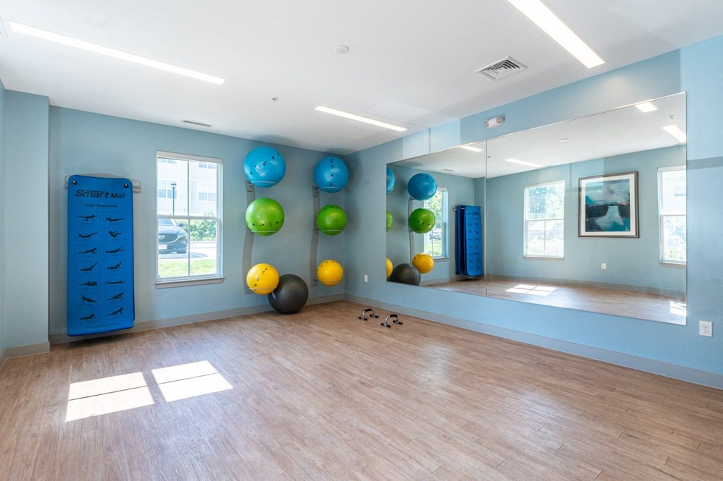 a yoga room with a large mirror and a colorful ball system on the wall