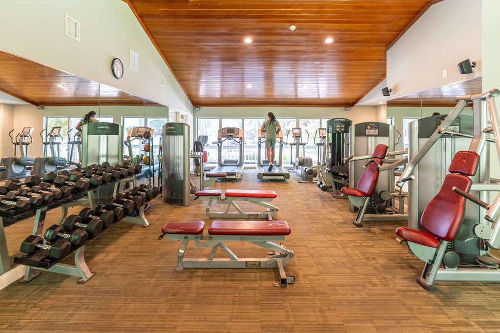 a gym with cardio equipment and a man standing in the window