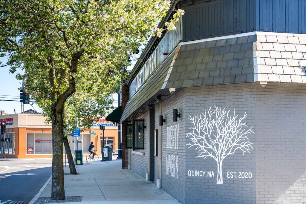 A tree is in front of a building with a sign that says Quincy, MA established 2020.