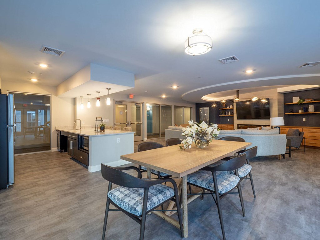 A large dining area with a communal table, ideal for hosting events or gatherings.