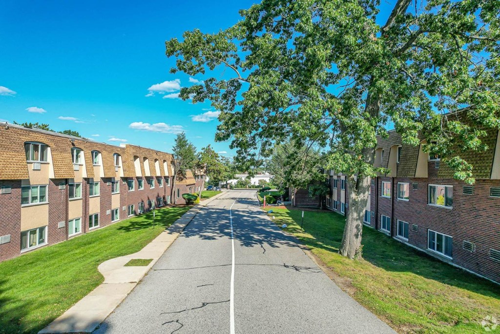 Drone view of The Chesterfield and the street running between the buildings.