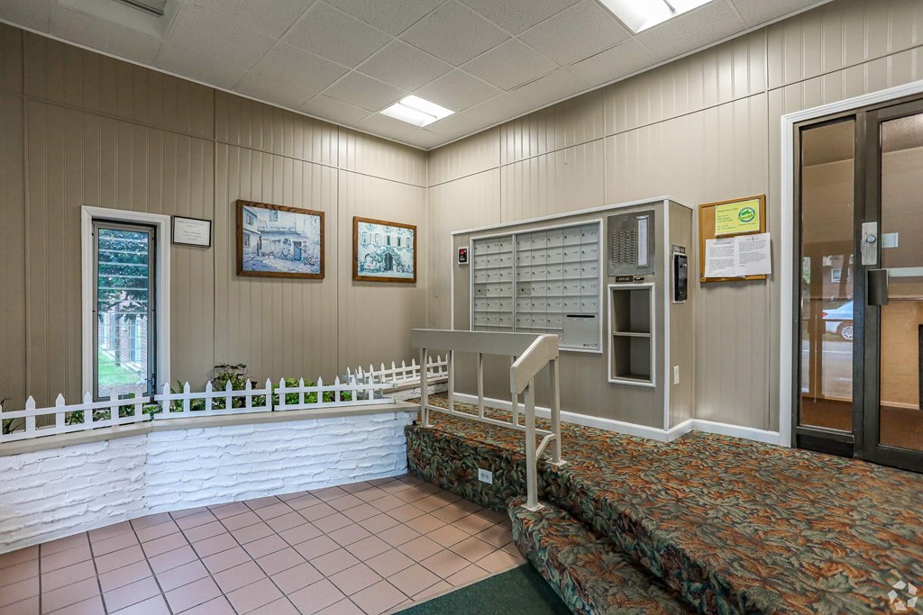 Lobby/reception area with mailboxes.