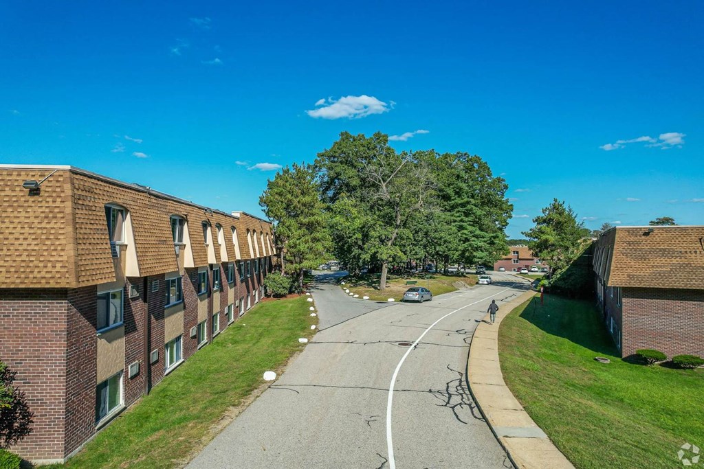 Aerial view of a road running through two buildings at The Chesterfield apartments.