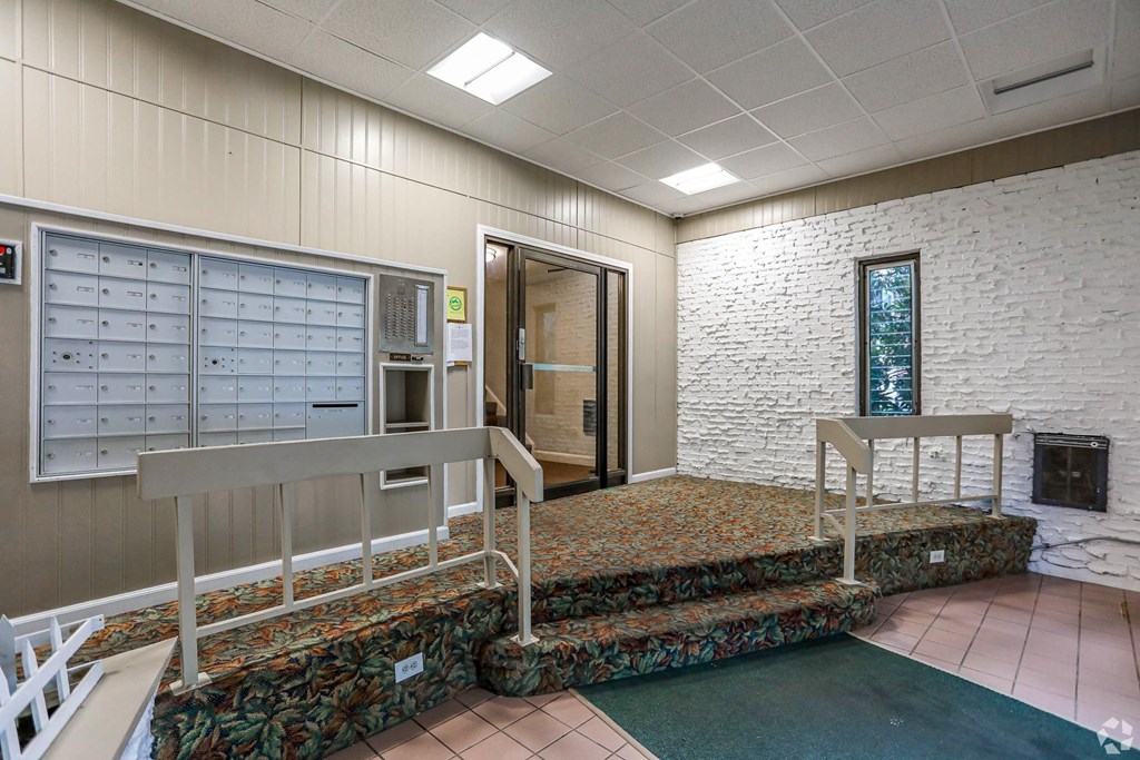 Lobby and mail at the clubhouse entrance of The Chesterfield.