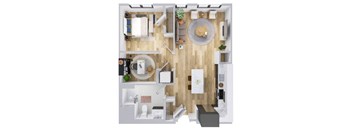 A top-down view of a modern, well-organized apartment with a kitchen, living room, and bathroom.