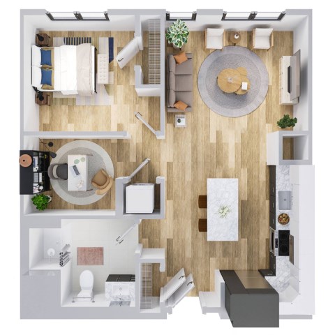A top-down view of a modern, well-organized apartment with a kitchen, living room, and bathroom.