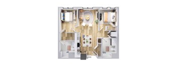 A top-down view of a modern apartment layout with a kitchen, living room, and dining area.