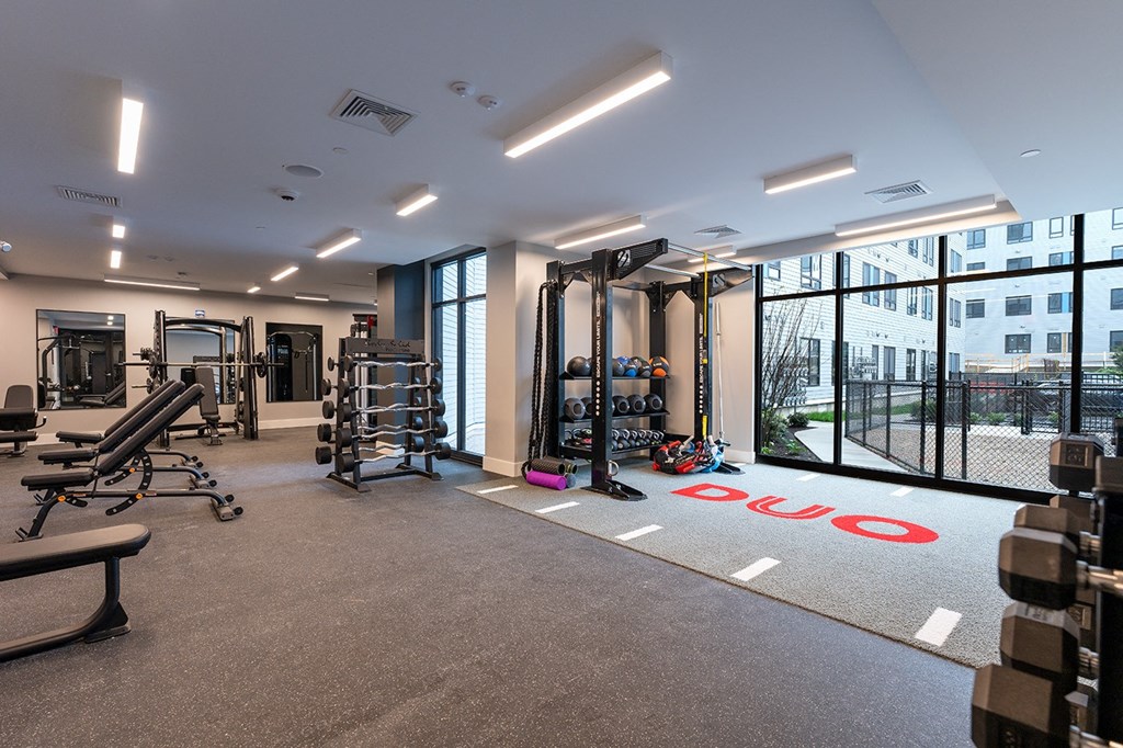 A gym with a variety of equipment including weights and cardio machines.