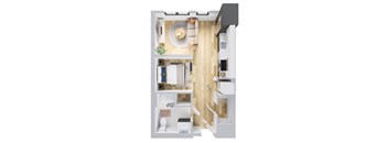 A modern kitchen with a wooden floor and white appliances.