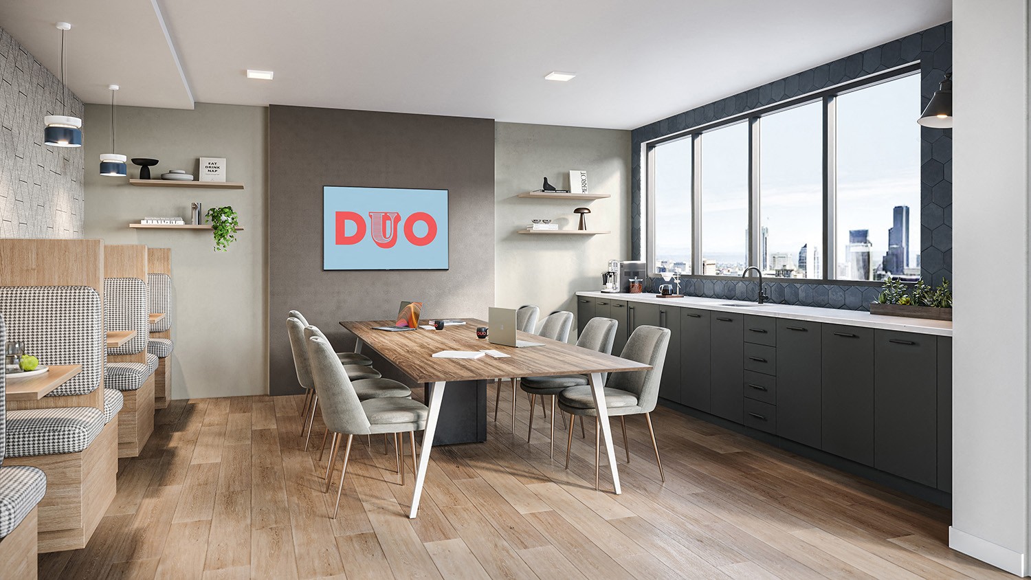 A modern kitchen with a dining table and chairs.