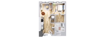A top-down view of a modern apartment layout with a kitchen, living room, and bathroom.