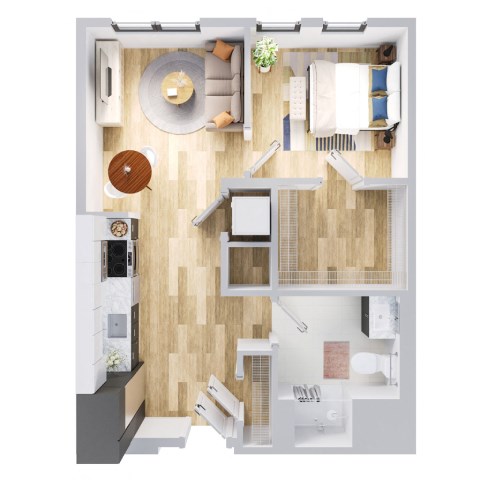 A top-down view of a modern apartment layout with a kitchen, living room, and bathroom.