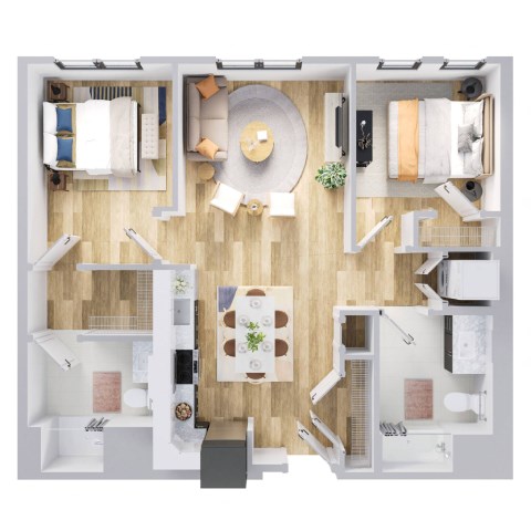A top-down view of a modern apartment layout with a kitchen, living room, and dining area.