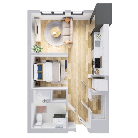 A modern kitchen with a wooden floor and white appliances.