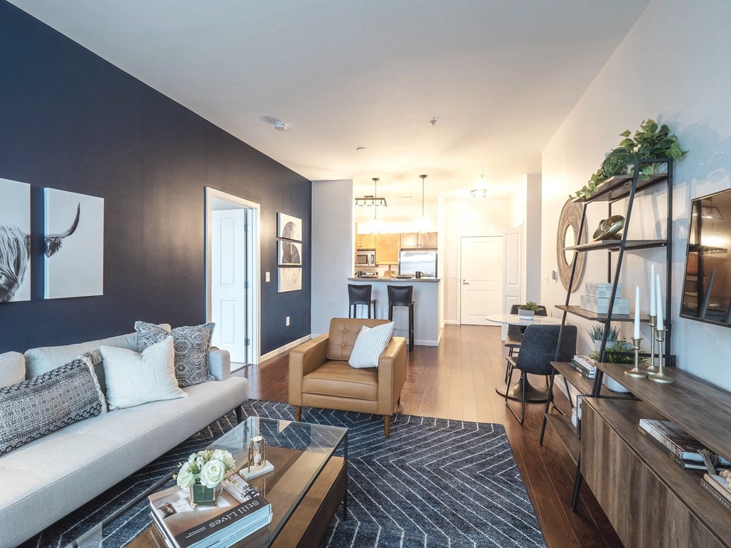 park row west model apartment living room and community space