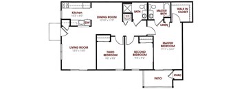 A floor plan of a house with a living room, dining room, kitchen, and three bedrooms.