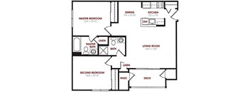 A floor plan of a house with a master bedroom, a second bedroom, a living room, a kitchen, a dining room, a deck, and a laundry area.