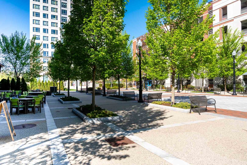 A park with benches and trees in front of a building.