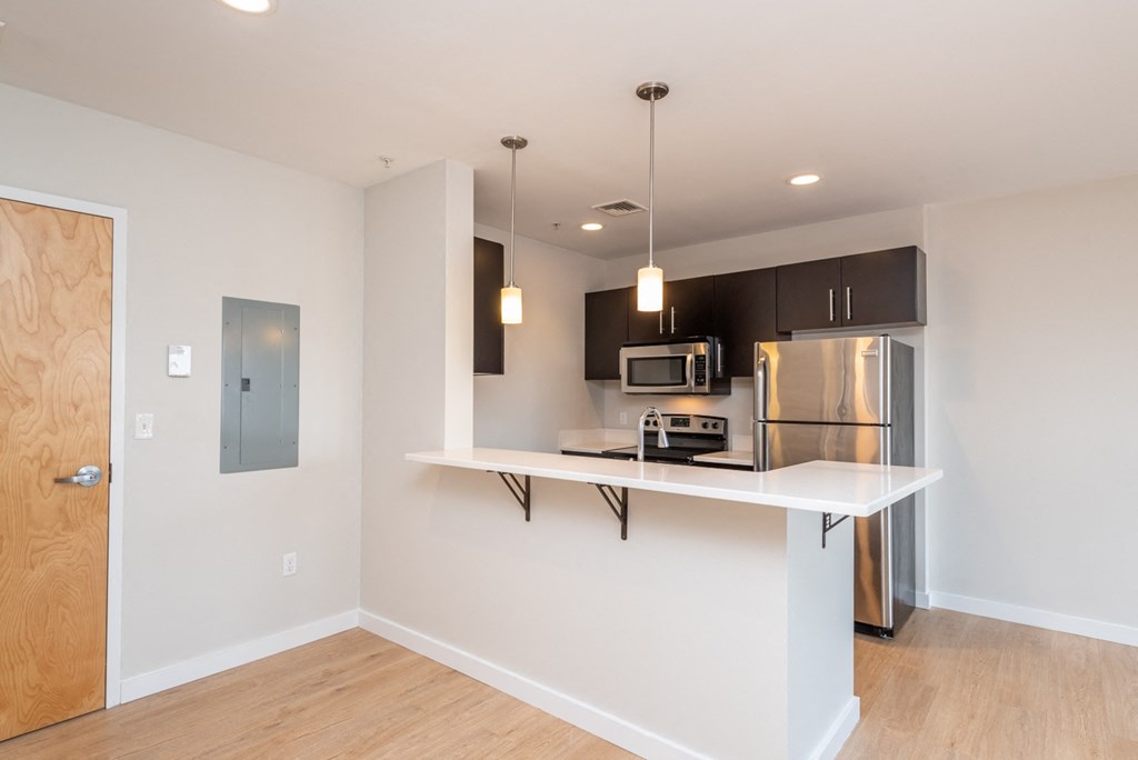 Apartment kitchen breakfast bar and entrance