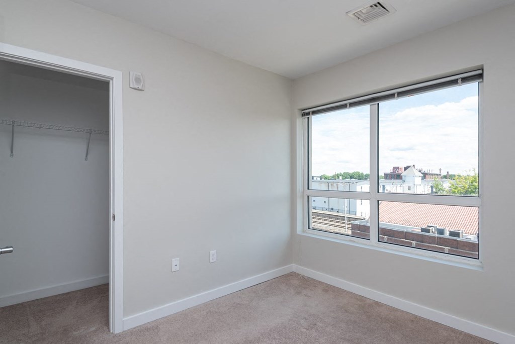 apartment bedroom and large closet and window, carpet floor