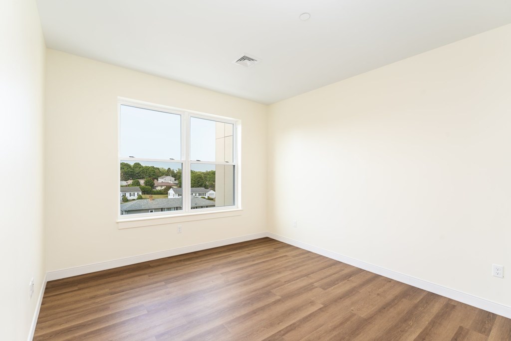 Sun-filled, empty bedroom showcasing natural-tone plank floors and a wide picture window.