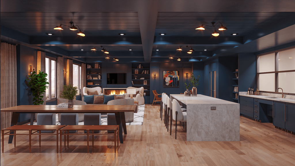 A modern kitchen and dining area with wooden floors and furniture.