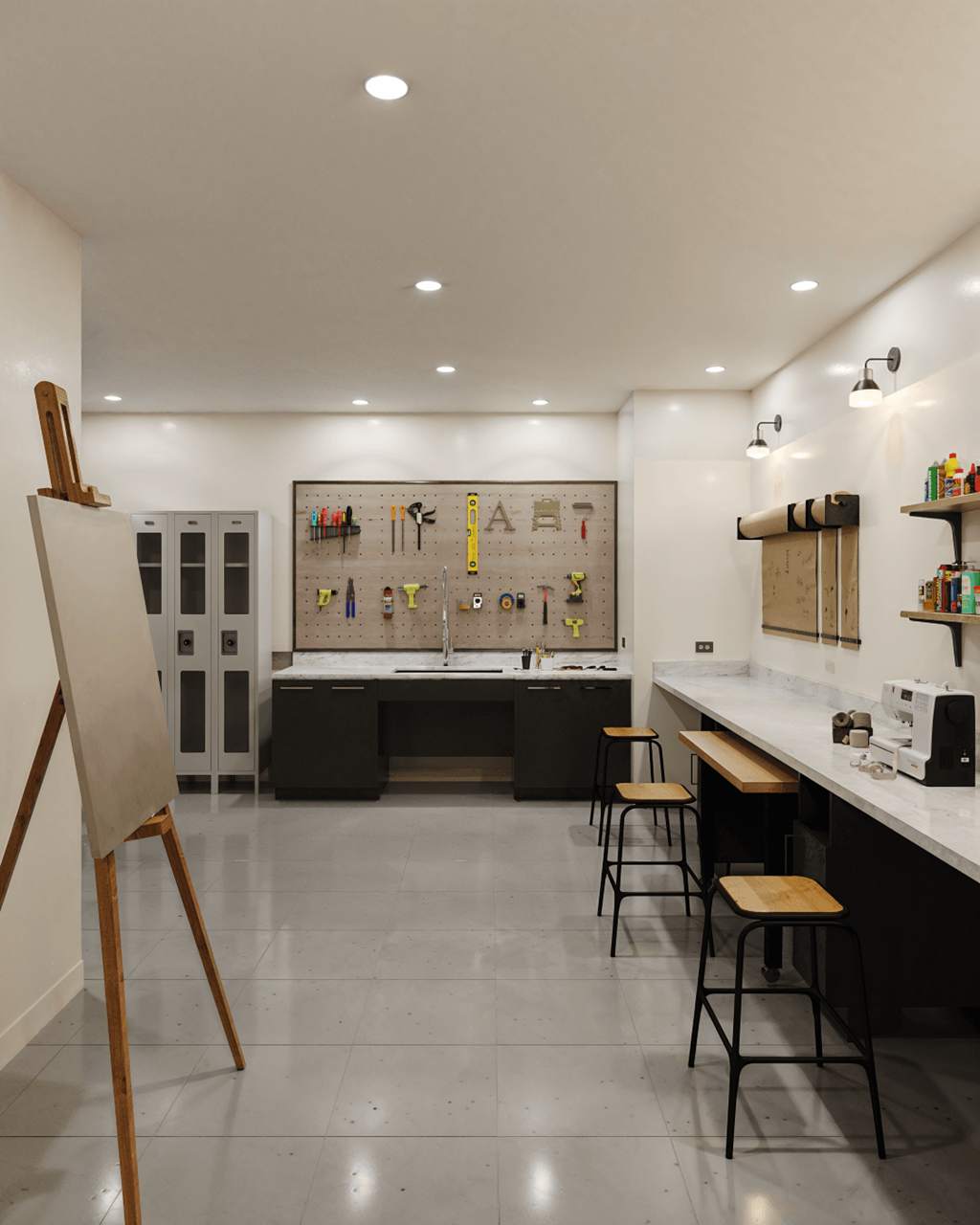 A kitchen with a whiteboard on the wall and a wooden easel in the foreground.